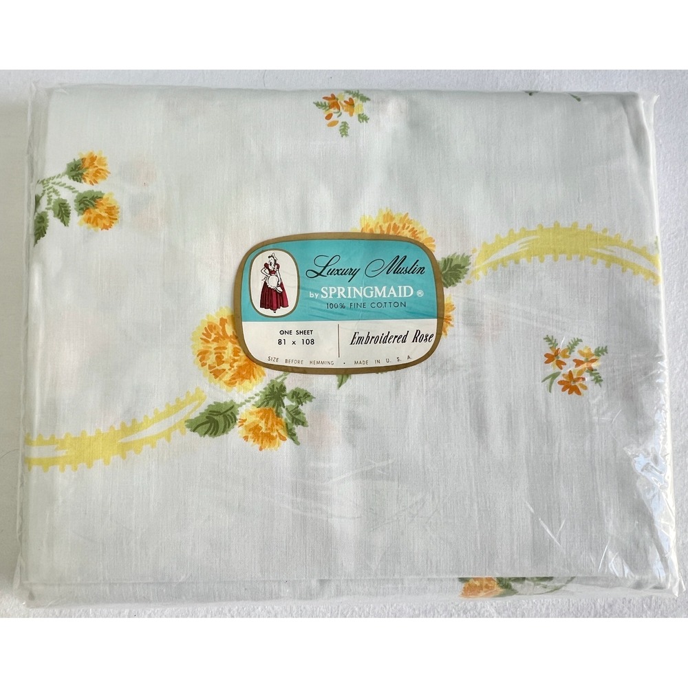 Springmaid Luxury Muslin Double Flat Sheet Embroidered Rose Yellow Floral Cotton